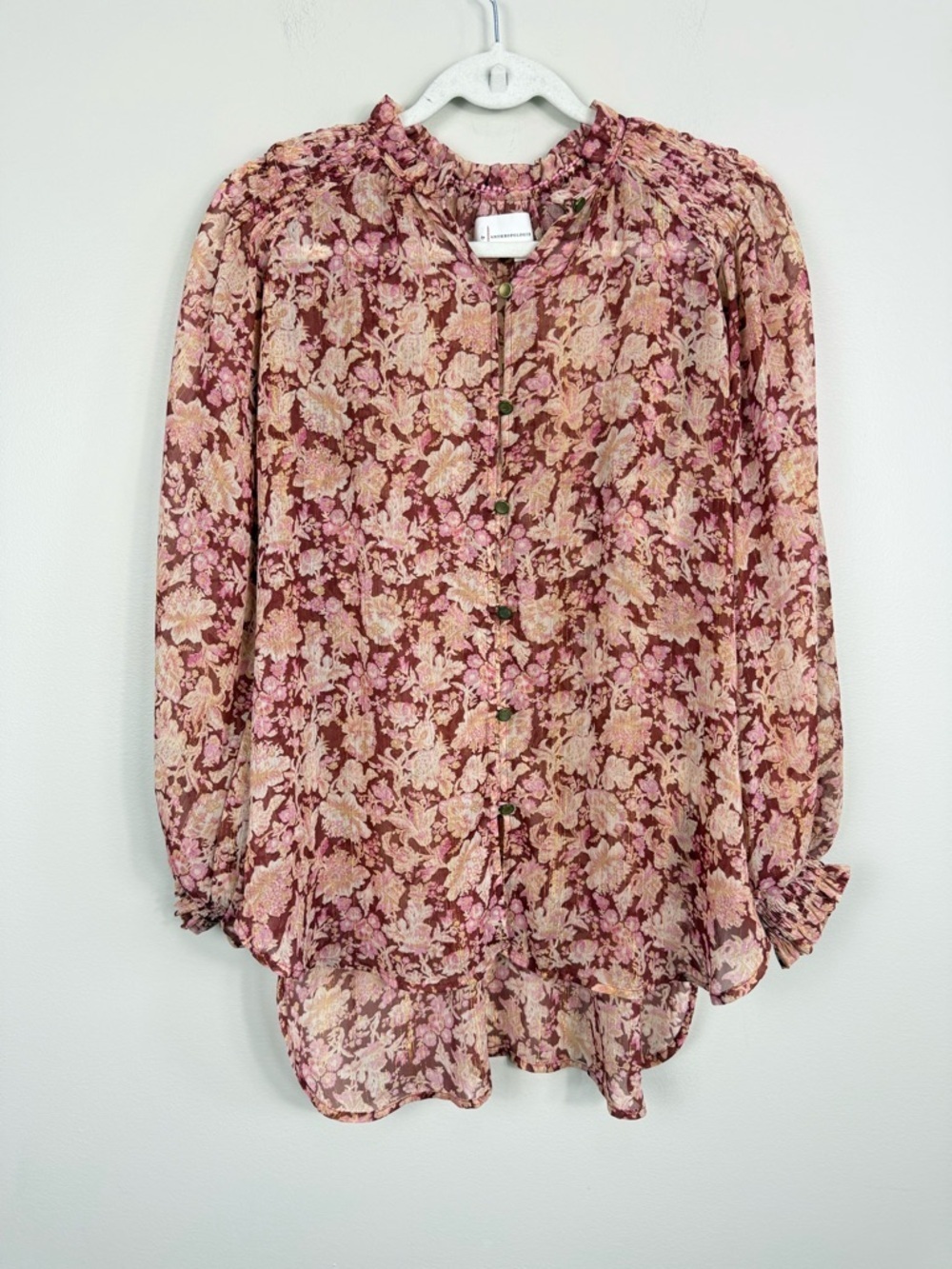 Anthropologie Floral Top Pink Red Ruffle Sheer Blouse Womens XS Metallic Flowy